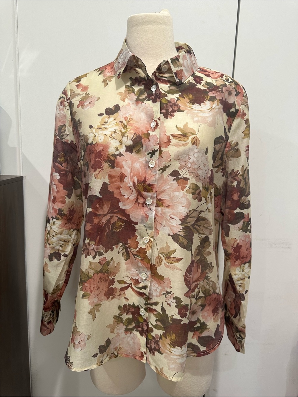 Bailey 44 Cream Floral High-Low Skirt with Pink & Brown Blooms